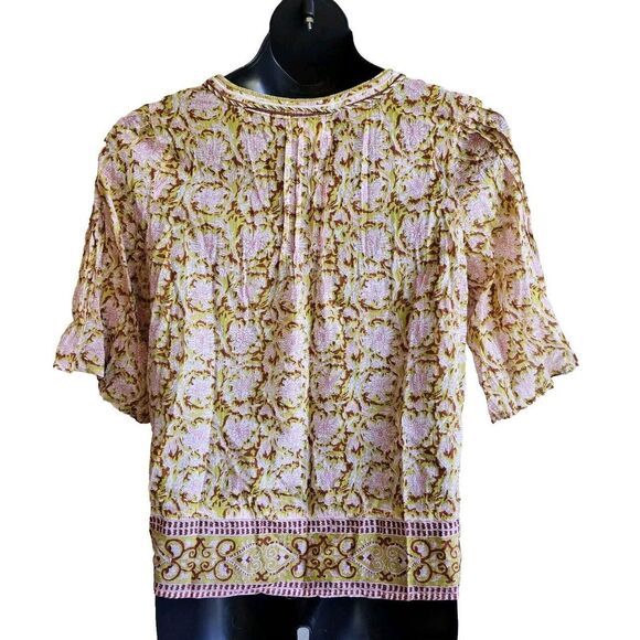 Sigrid Olsen linen size large bohemian spring floral tie front blouse summer - Picture 5 of 5